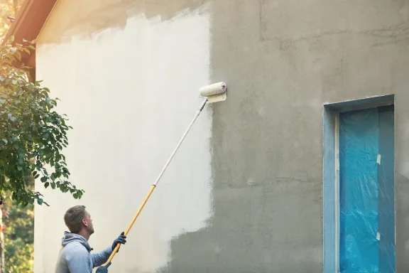 Homme peignant un mur extérieur avec un rouleau, partie en cours de finition.