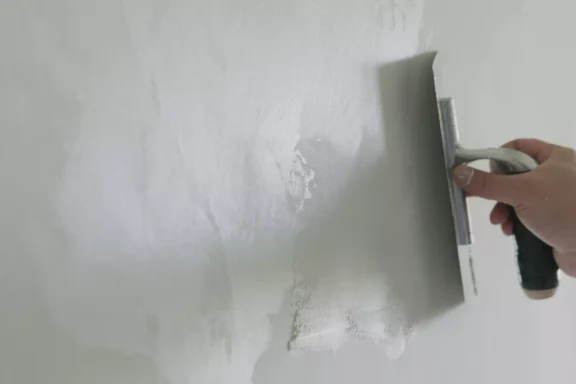Main en train d'appliquer un enduit blanc sur un mur avec une spatule.