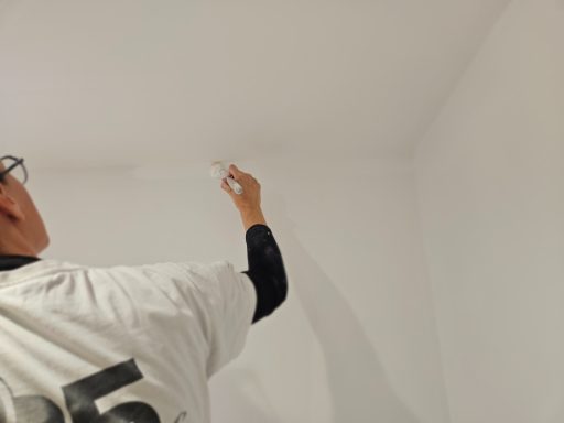 Une personne peint un mur blanc avec un rouleau, vue de dos, portant un t-shirt blanc.